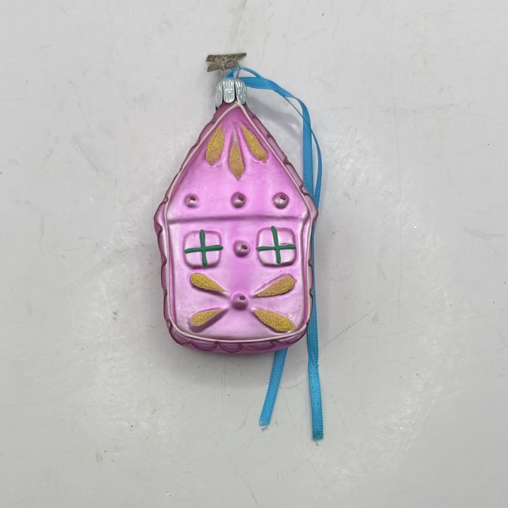 Pier 1 Mini House Pink Handpainted Glass Christmas Ornament Collectible Decor